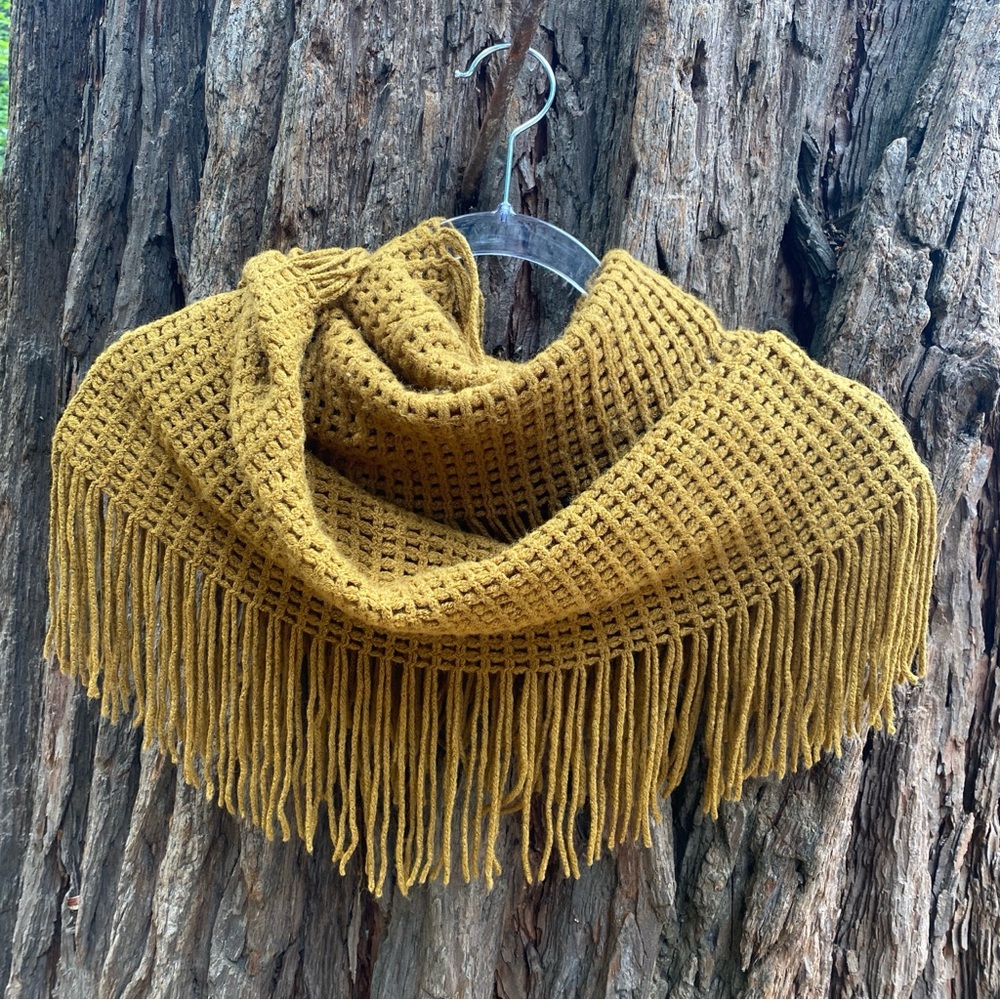 Mustard Yellow Knit Fringe Infinity Scarf OS